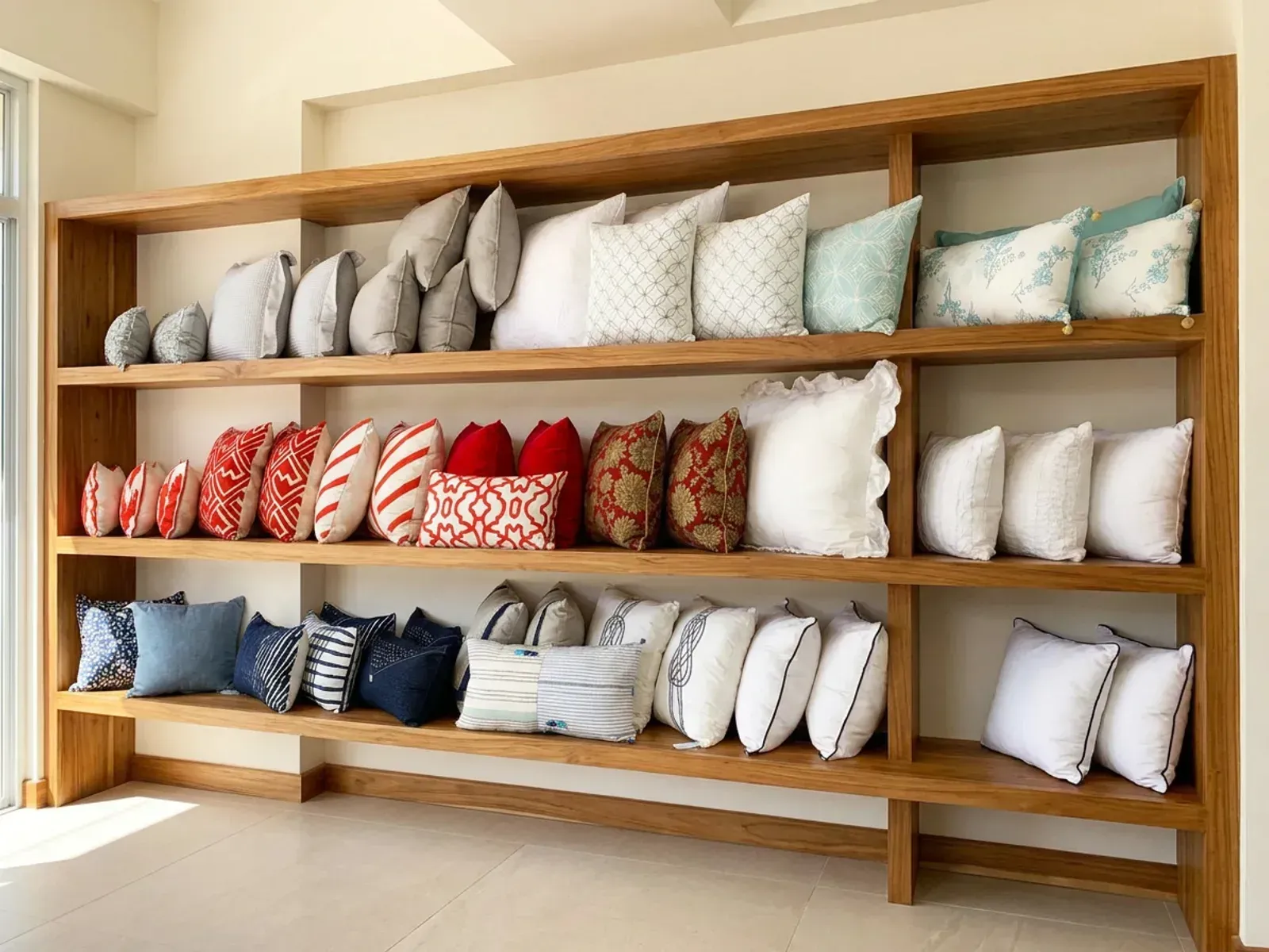 Estantería del showroom con cojines decorativos en rojo, blanco y azul marino ordenados por repisa.