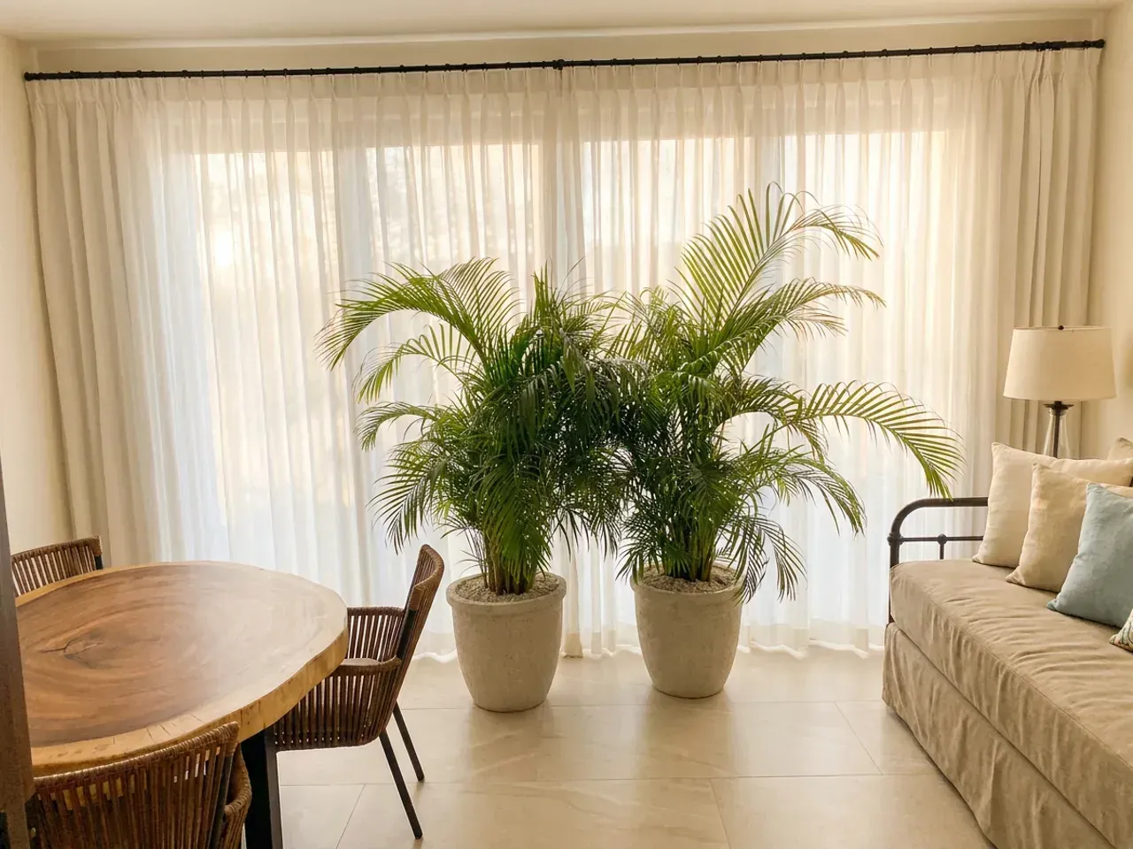 Cortinas de visillo de pared a pared con pliegue pinzado en un comedor con palmeras.