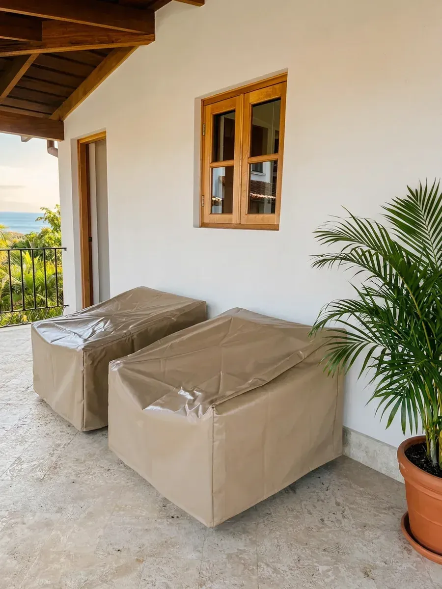 Fundas de vinil para muebles de exterior sobre terraza cubierta.