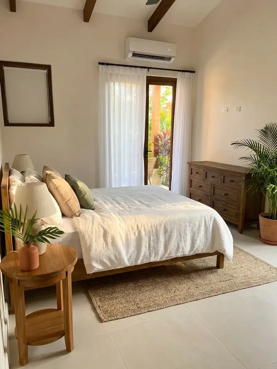 Dormitorio con cortina de tela sheer blanca sobre la puerta de vidrio, cómoda de madera y vegetación tropical al otro lado.