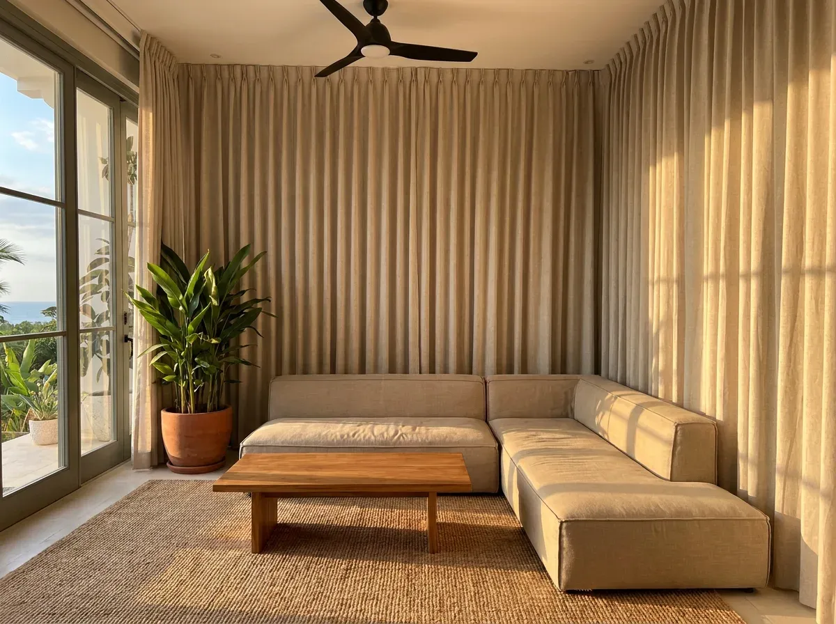 Estar con cortinas de tela clara corridas de pared a pared, sofá bajo de lino arena, mesa de teca y alfombra de fibra natural.