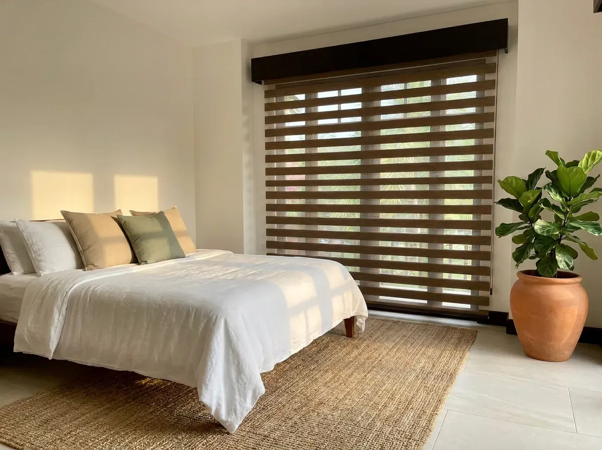 Dormitorio con roller Día y Noche bajo cenefa de madera, cama con ropa de cama de lino blanco, alfombra de fibra natural y planta en maceta de barro.