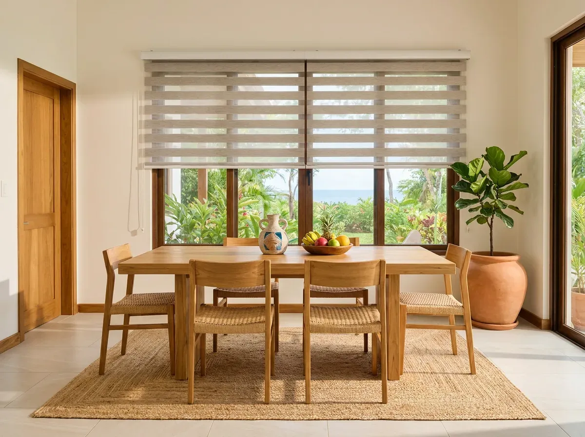 Comedor de teca con Double Roller sobre la ventana, alfombra de fibra natural y vegetación tropical al fondo.
