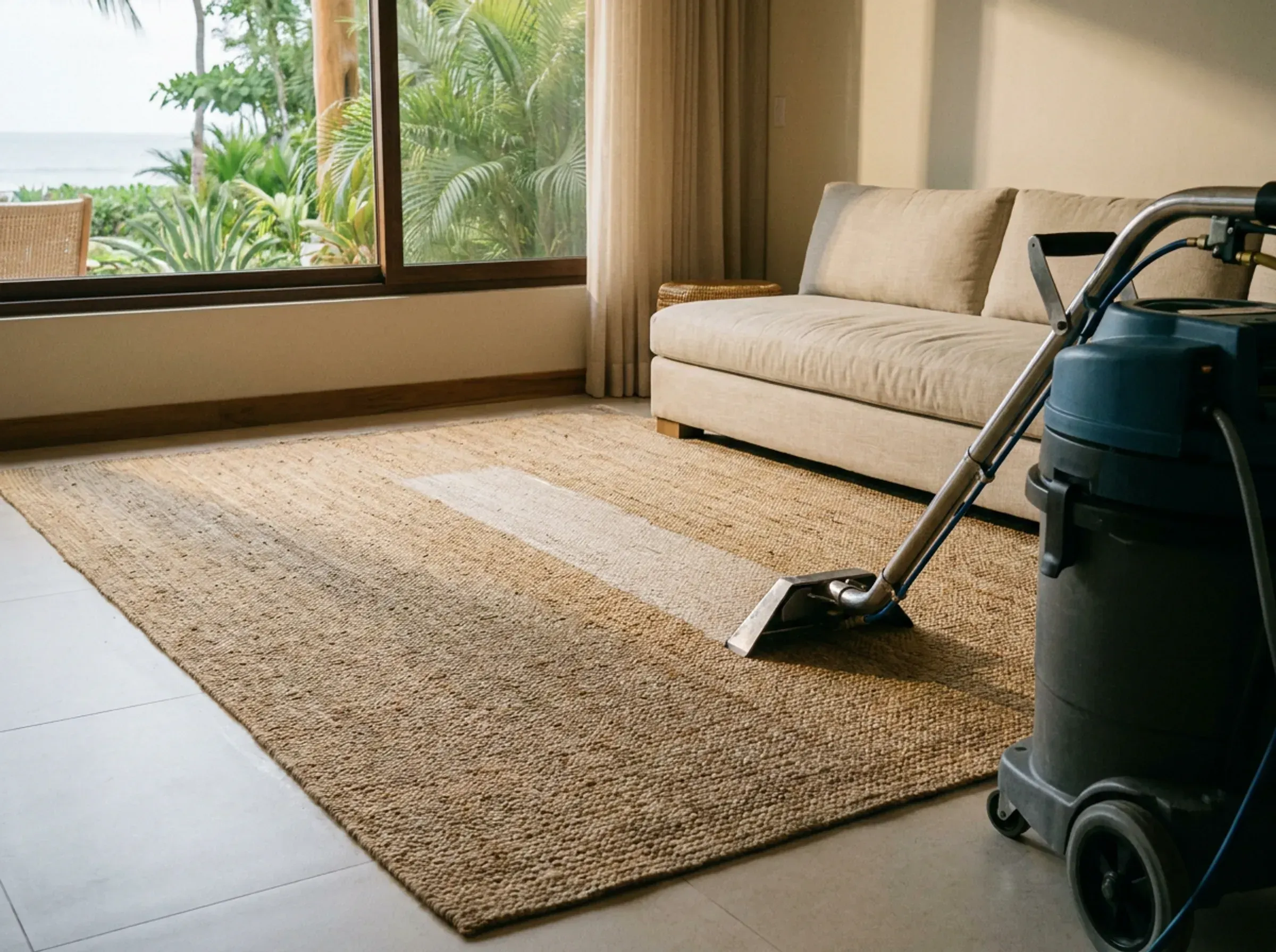 Alfombra de fibra natural siendo tratada con una máquina extractora, con una franja visiblemente más limpia detrás de la boquilla, en una sala con vista al jardín.