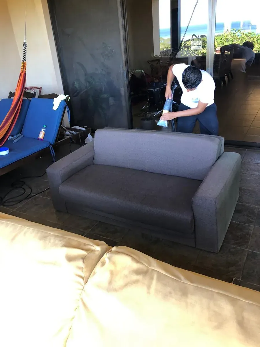 Mueble tapizado durante el proceso de limpieza profunda.
