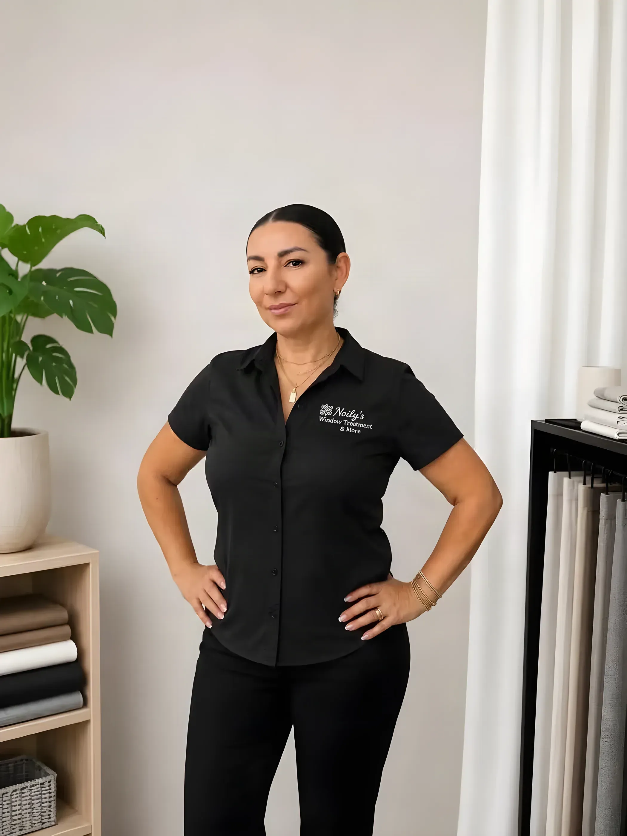 Noily Campos, fundadora de la empresa, en el showroom junto a muestras de telas para cortinas.