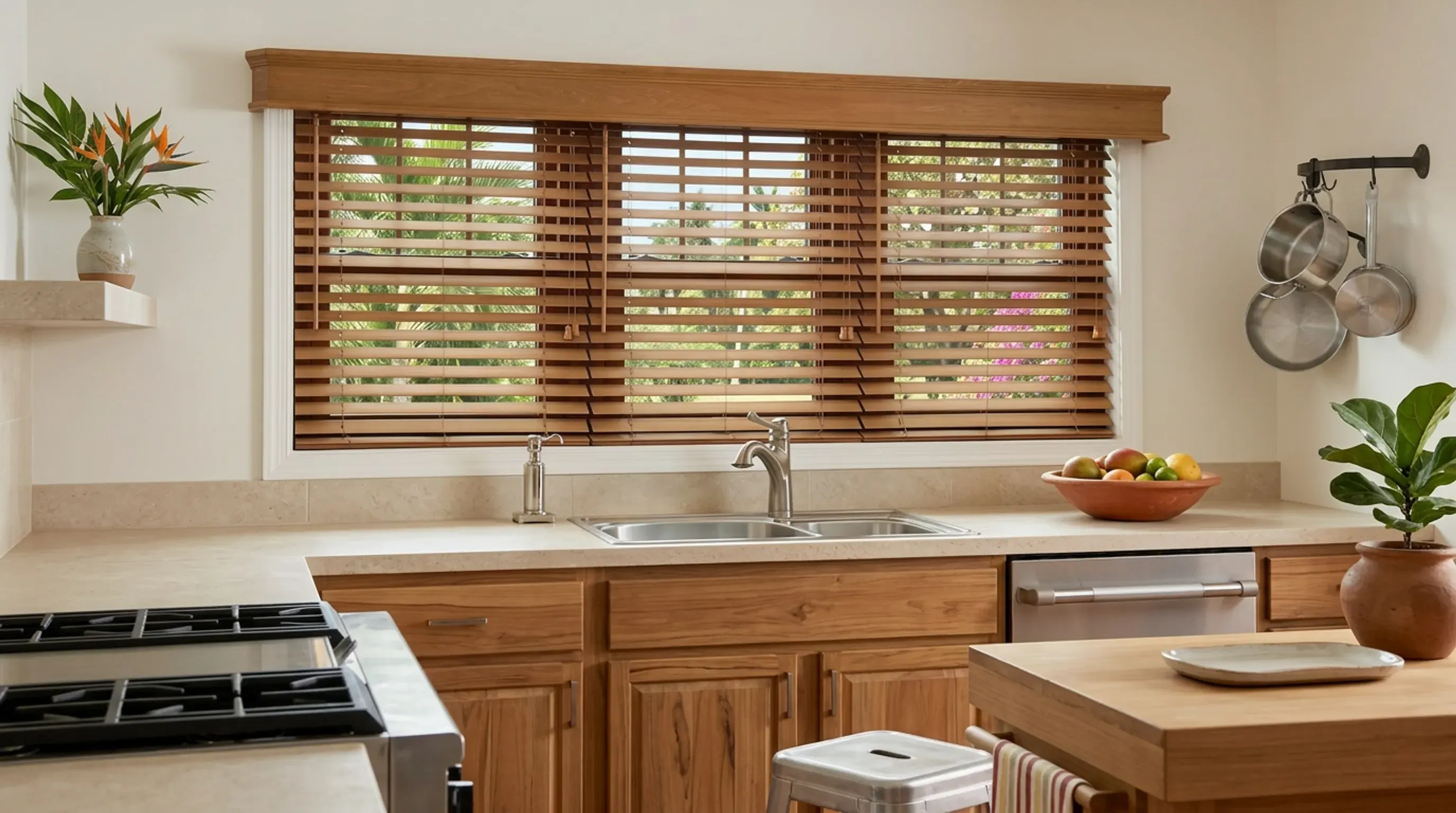 Cocina de teca clara con encimera de piedra lisa y persianas de lamas de madera sobre la ventana, con vegetación tropical al otro lado.