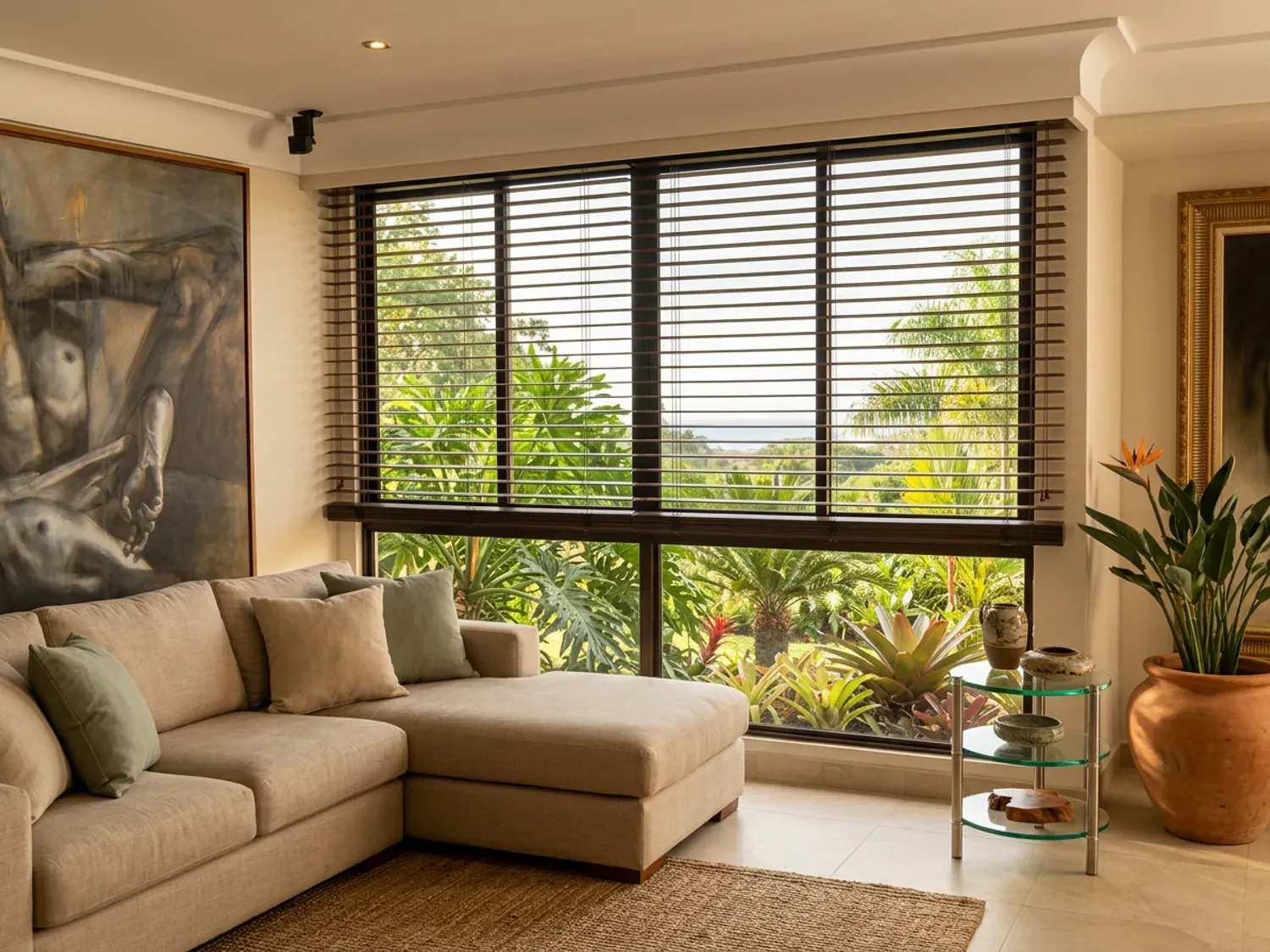 Sala con sofá bajo de lino arena, alfombra de fibra natural y persianas de lamas horizontales sobre el ventanal, con vegetación tropical al otro lado.