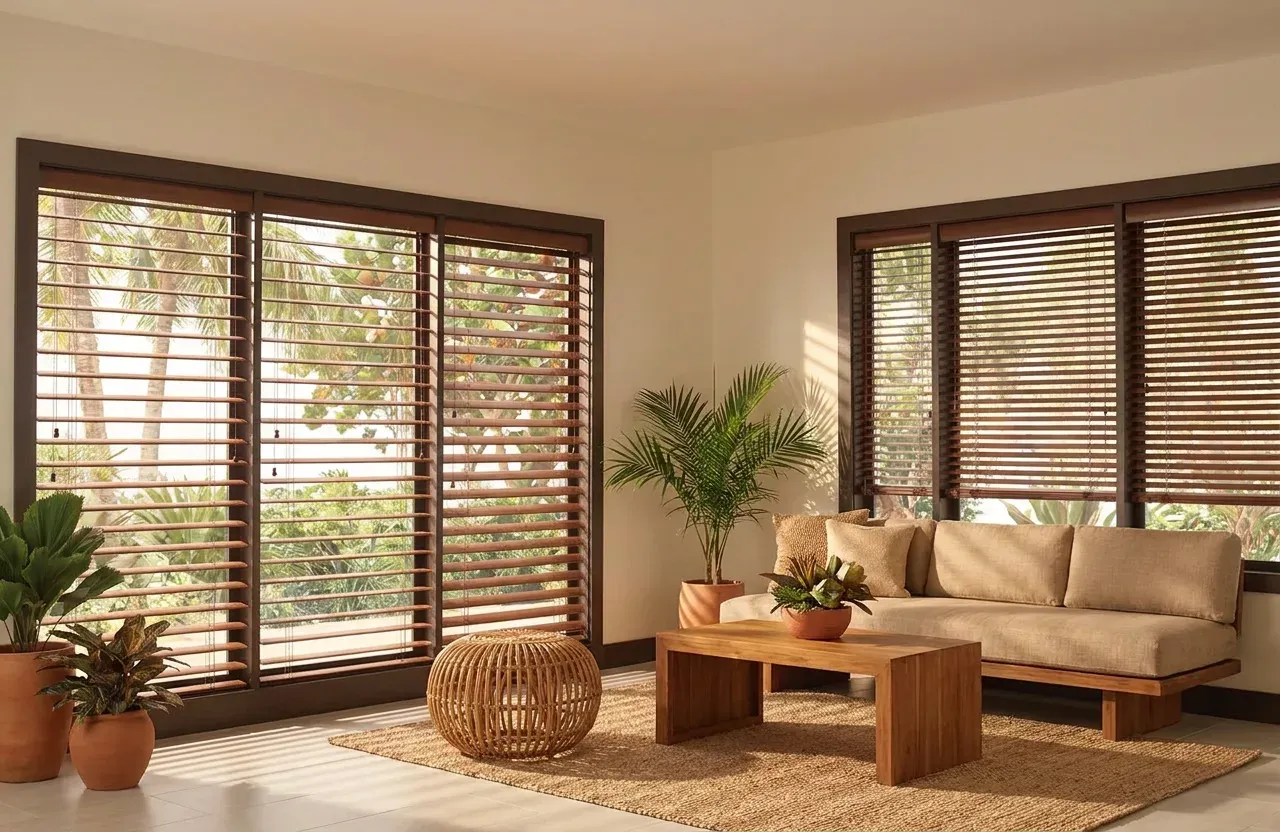 Sala con persianas de lamas de madera sobre el ventanal, sofá bajo de lino arena, mesa de teca y vegetación tropical al otro lado de las lamas.