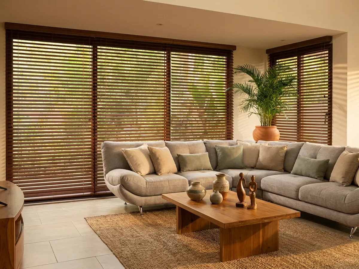 Sala con persianas de lamas de madera color caoba sobre el ventanal corrido, sofá seccional con cojines en arena y salvia y mesa de centro de teca.