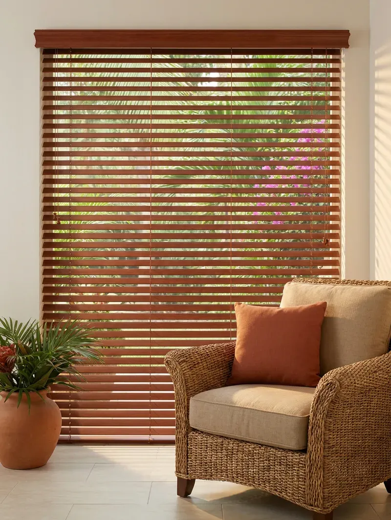Persianas de lamas de madera color caoba en primer plano sobre la ventana, con butaca de fibra natural y planta en maceta de barro.