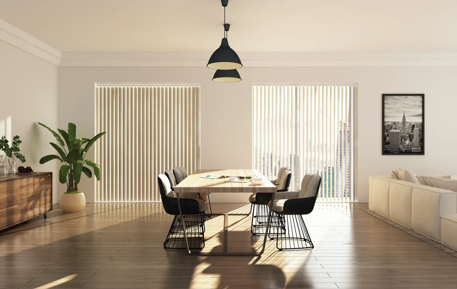 Persianas verticales de tela en comedor residencial contemporáneo — sistema Vertilux distribuido por Noily's.