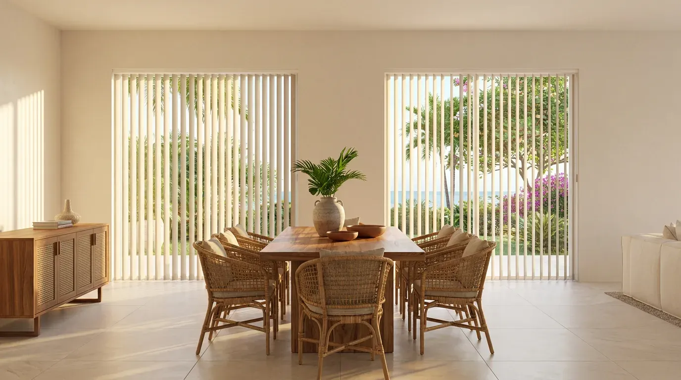 Comedor con persianas verticales de lamas claras sobre los ventanales, mesa y sillas de mimbre, aparador de teca y vegetación tropical al otro lado.