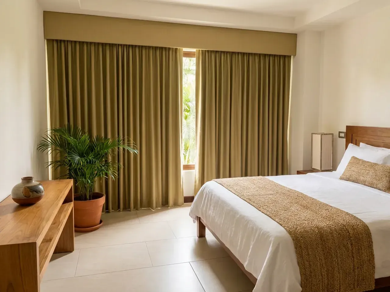 Dormitorio con cortina plisada verde oliva de piso a techo bajo cenefa, cama con ropa de cama blanca, consola de madera clara y palmera en maceta de barro.