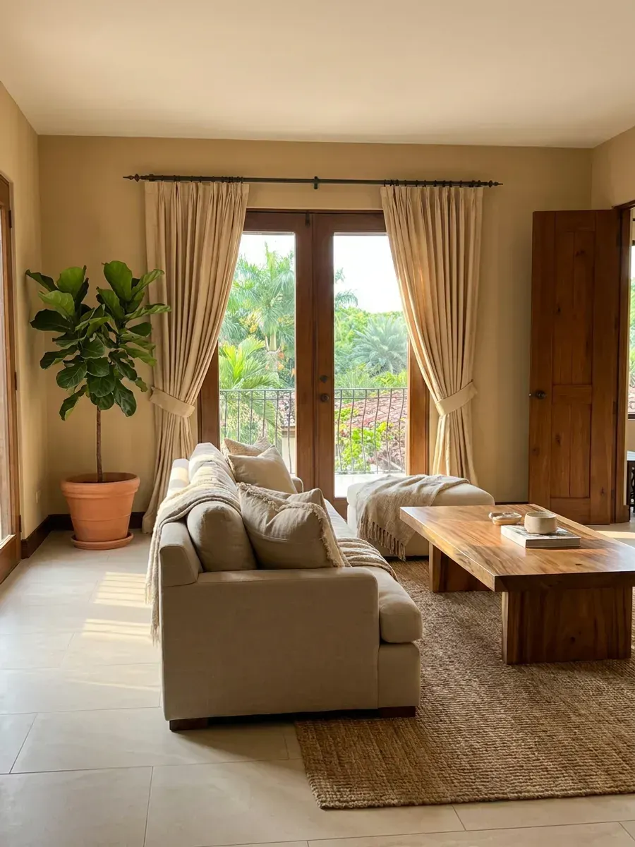 Cortinas plisadas crudo enmarcando puertas francesas oscuras con vista a balcón y vegetación tropical.