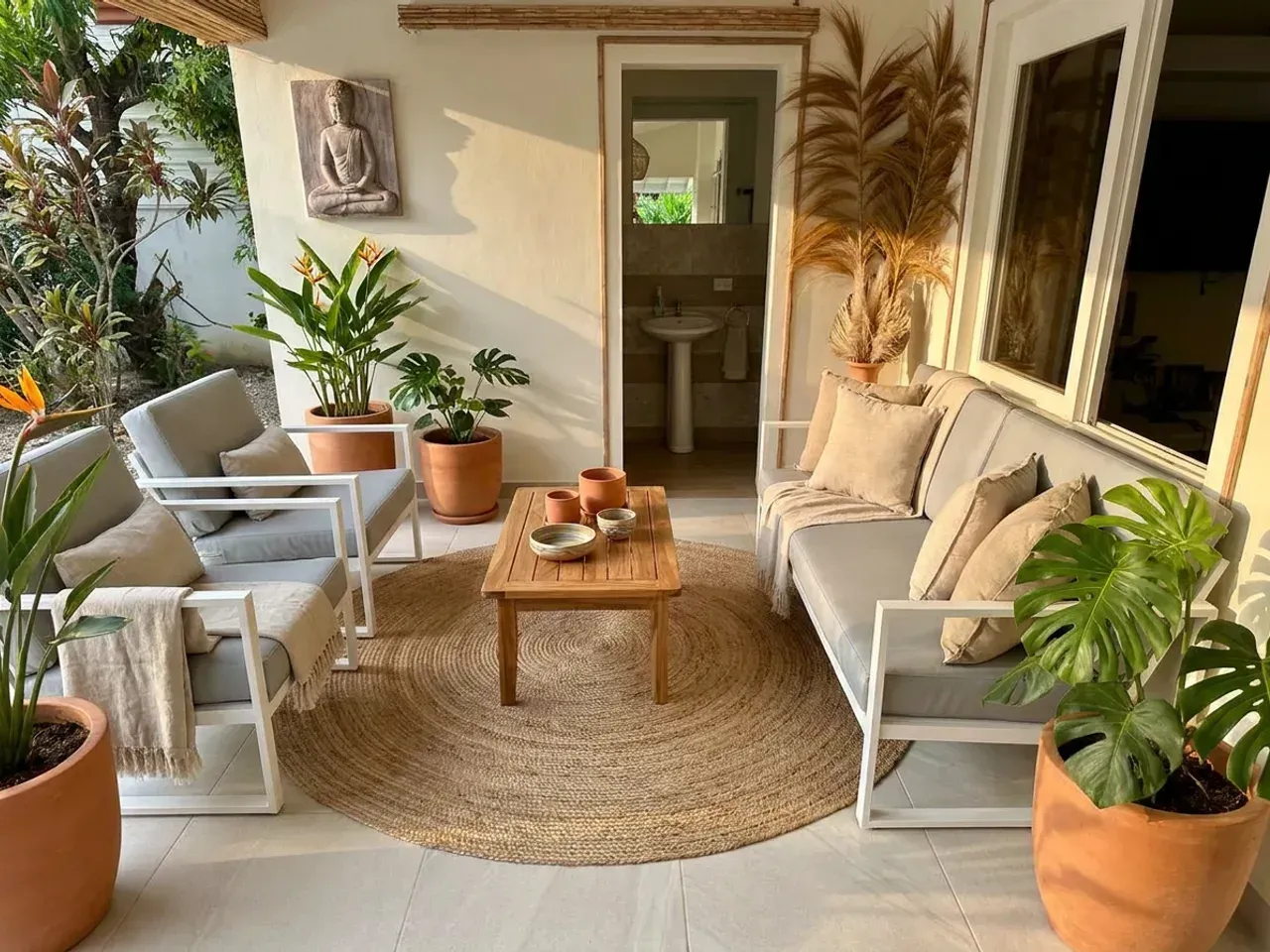 Área lounge exterior con sofá y sillones blancos modulares de cojines beige sobre piso de madera.