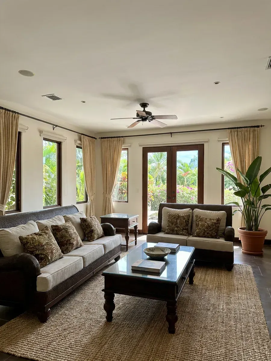 Sala con sofás estampados, ventiladores de techo y cortinas plisadas crema en ventanas y puertas.