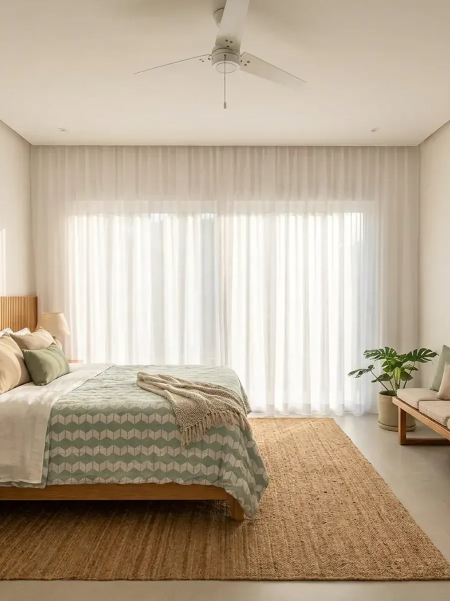 Recámara con cortinas vaporosas blancas piso a techo, ventilador de techo y cabecero de madera.