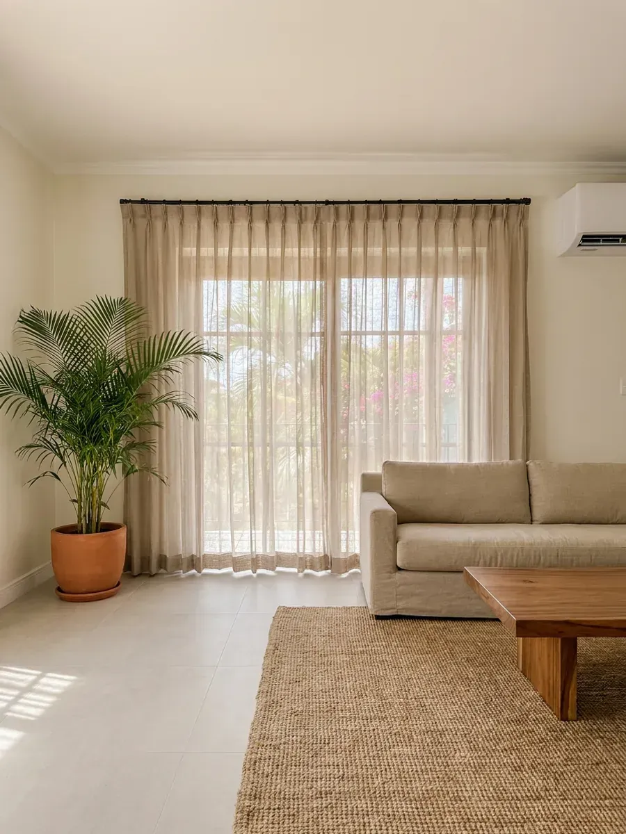 Cortinas plisadas color arena enmarcando ventana amplia, con aire acondicionado split a la derecha.