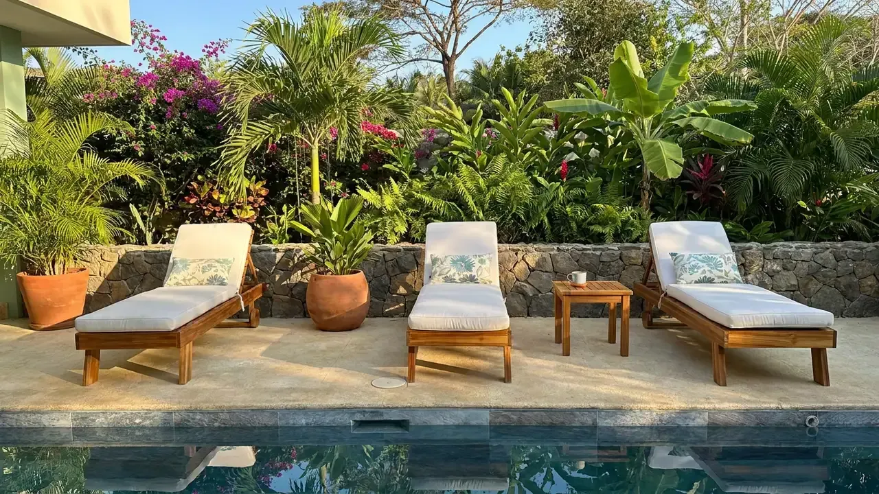 Tres tumbonas de madera natural con cojines blancos junto a una piscina, frente a un muro de piedra y vegetación tropical.
