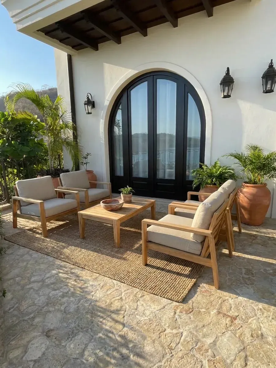 Patio de una casa colonial con arco de madera y farolas de hierro, juego de estar de teca con cojines de lino y plantas en macetas de barro.