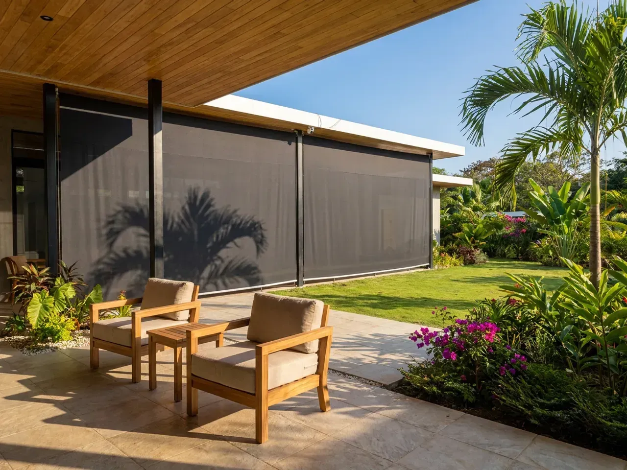 Terraza con dos persianas enrollables exteriores en tela screen color carbón, butacas de teca y jardín tropical alrededor.