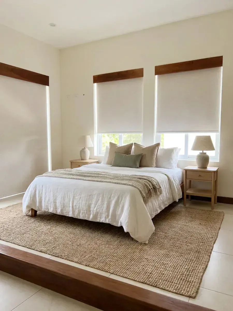 Dormitorio con dos ventanales cubiertos por Roller Blackout color crema y cenefa de madera.