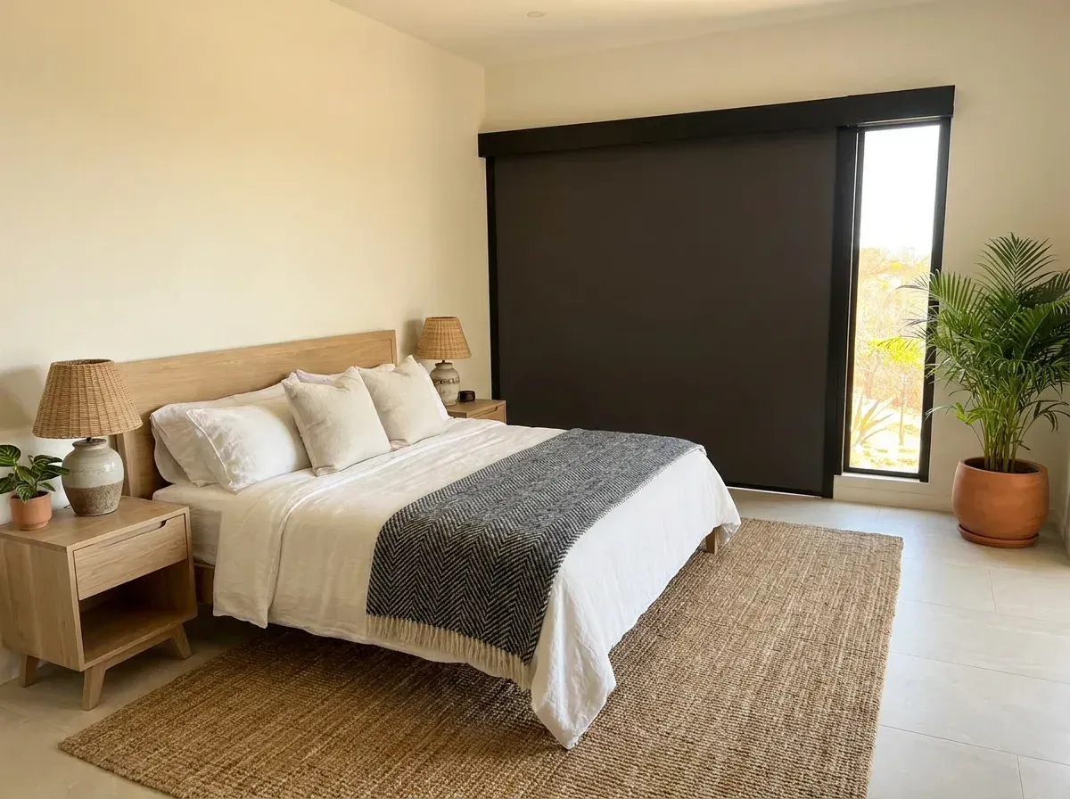 Dormitorio con Roller Blackout bajado sobre el ventanal, cama de madera clara con ropa de cama blanca y alfombra de fibra natural.