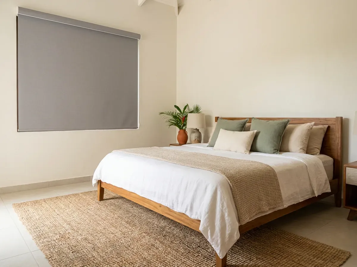 Dormitorio con Roller Blackout gris cubriendo la ventana, cama de madera clara con ropa de cama de lino y alfombra de fibra natural.