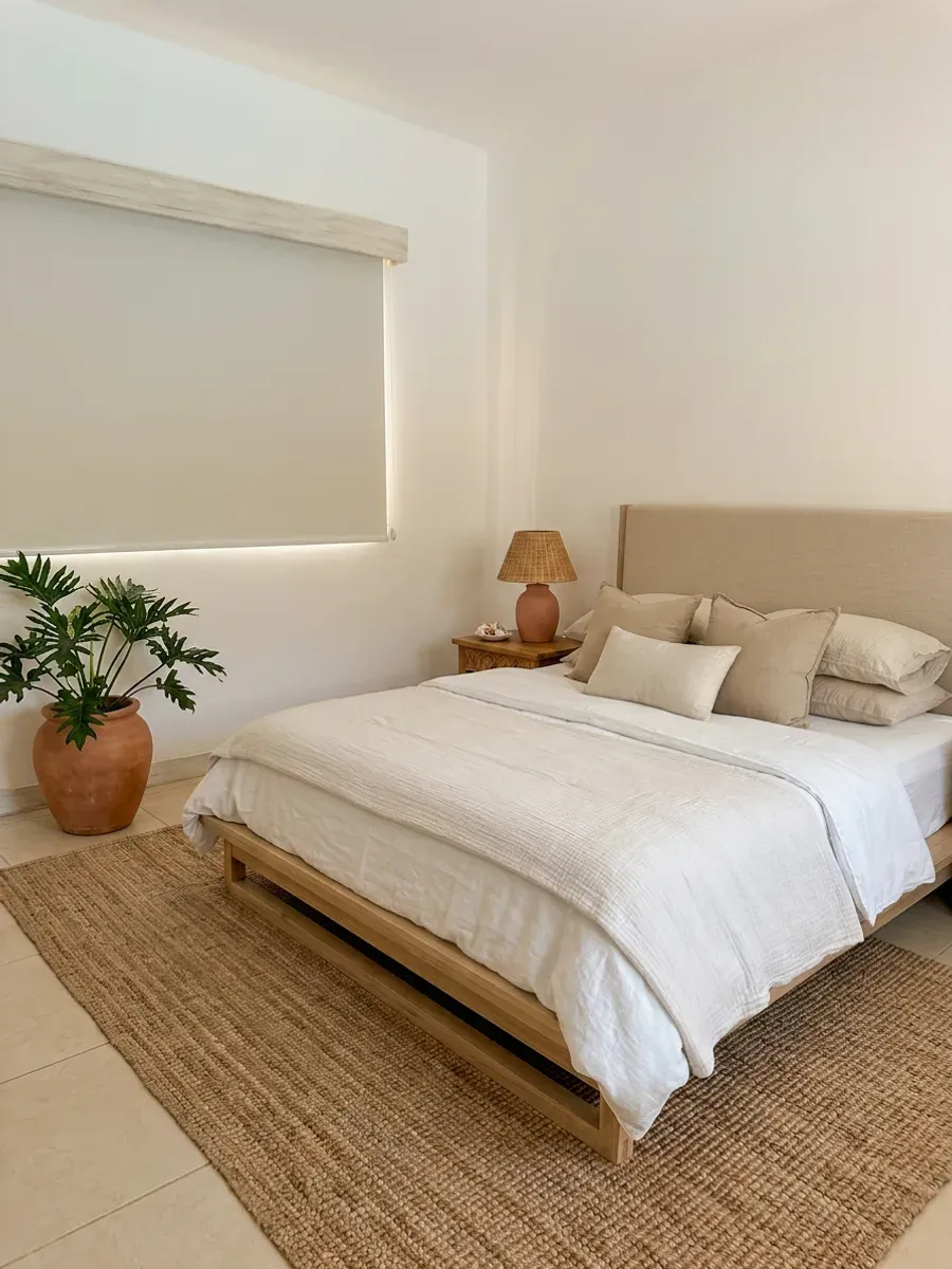 Dormitorio con Roller Blackout cubriendo la ventana, cabecera de madera clara, ropa de cama de lino y planta en maceta de barro.