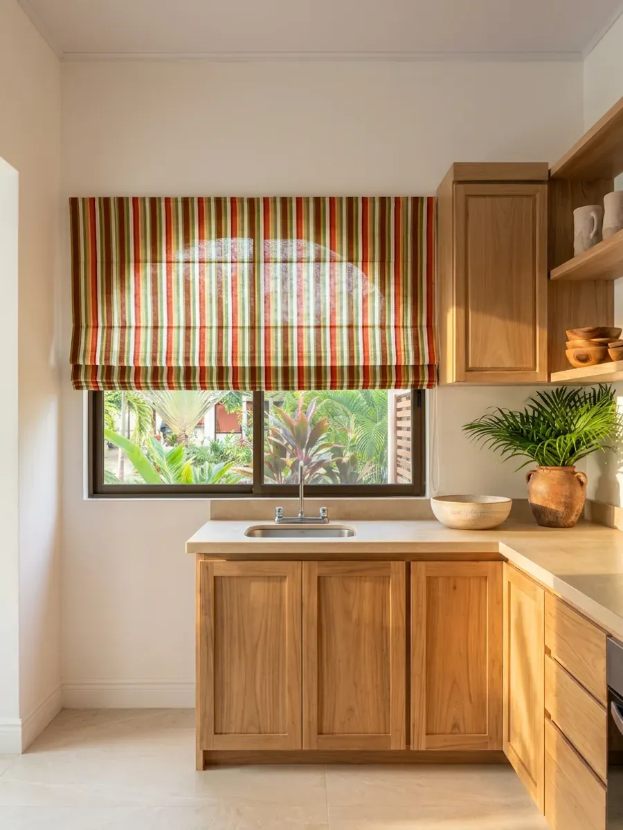 Cocina de teca clara con cortina romana de rayas sobre la ventana y vegetación tropical al otro lado.