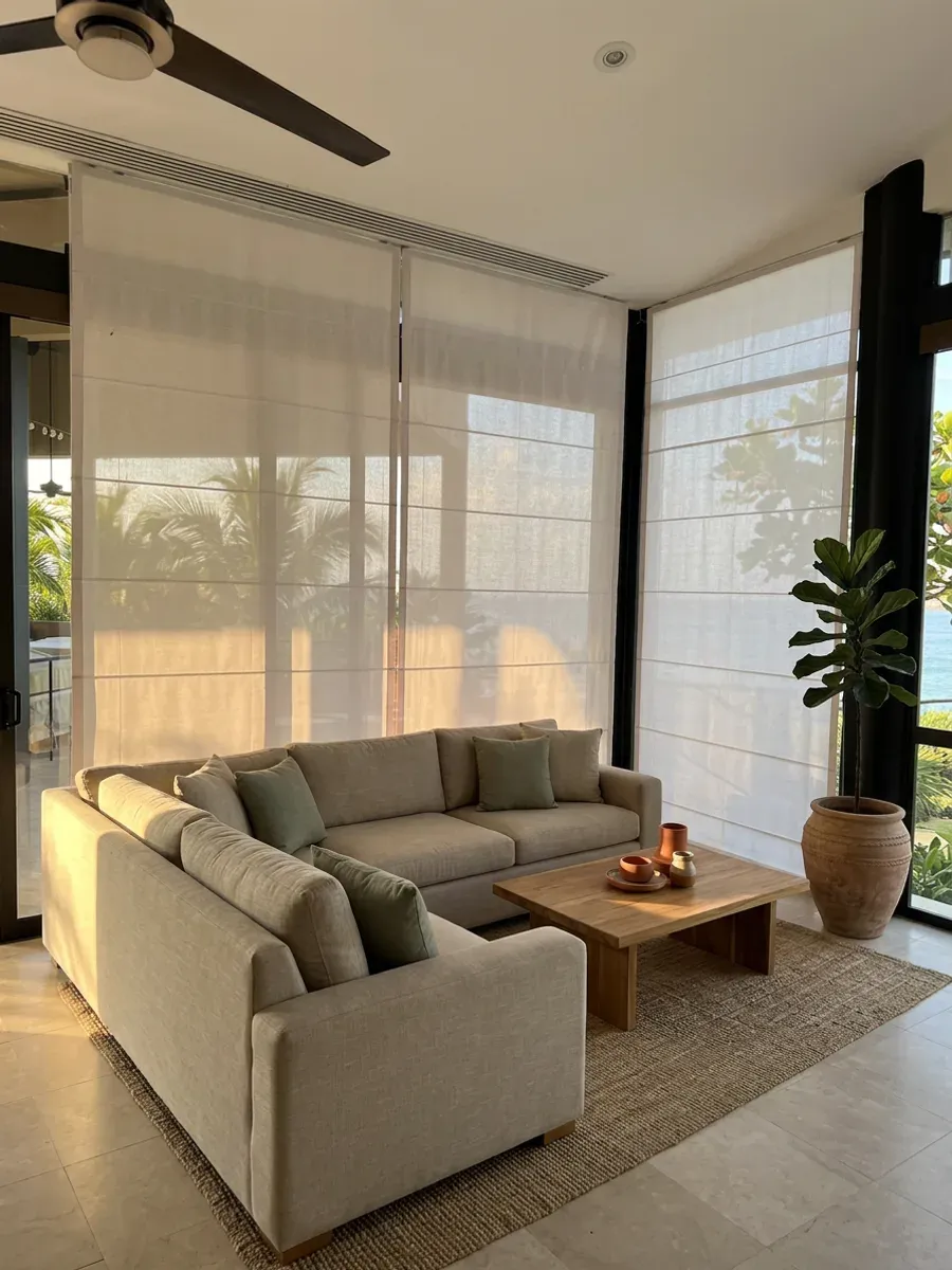 Sala con cortinas romanas claras sobre el ventanal, sofá bajo de lino arena, mesa de teca y alfombra de fibra natural.