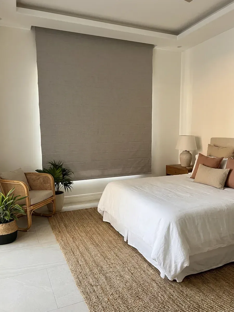 Dormitorio con cortina romana gris cubriendo el vano de pared a pared, cama con ropa de cama blanca y alfombra de fibra natural.