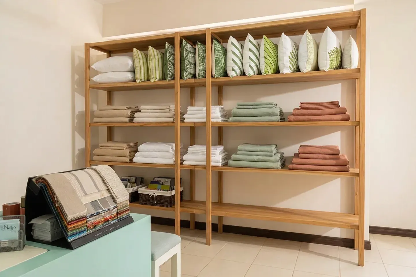 Interior del showroom de Noily's Window Treatment con muestrarios y cojines