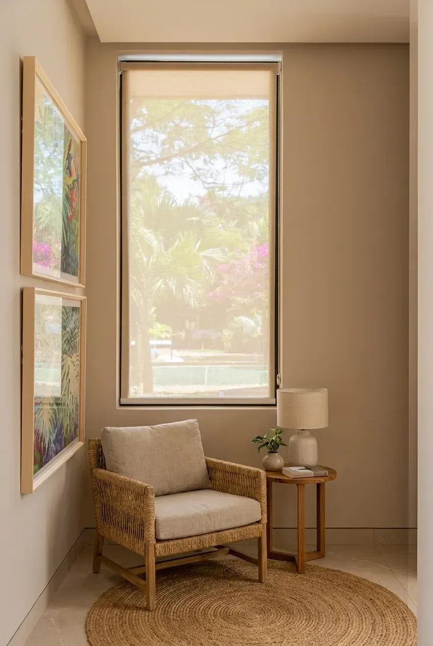 Rincón con Sun Screen bajado sobre la ventana vertical, butaca de fibra natural, mesa auxiliar con lámpara de cerámica y las dos láminas enmarcadas en la pared.