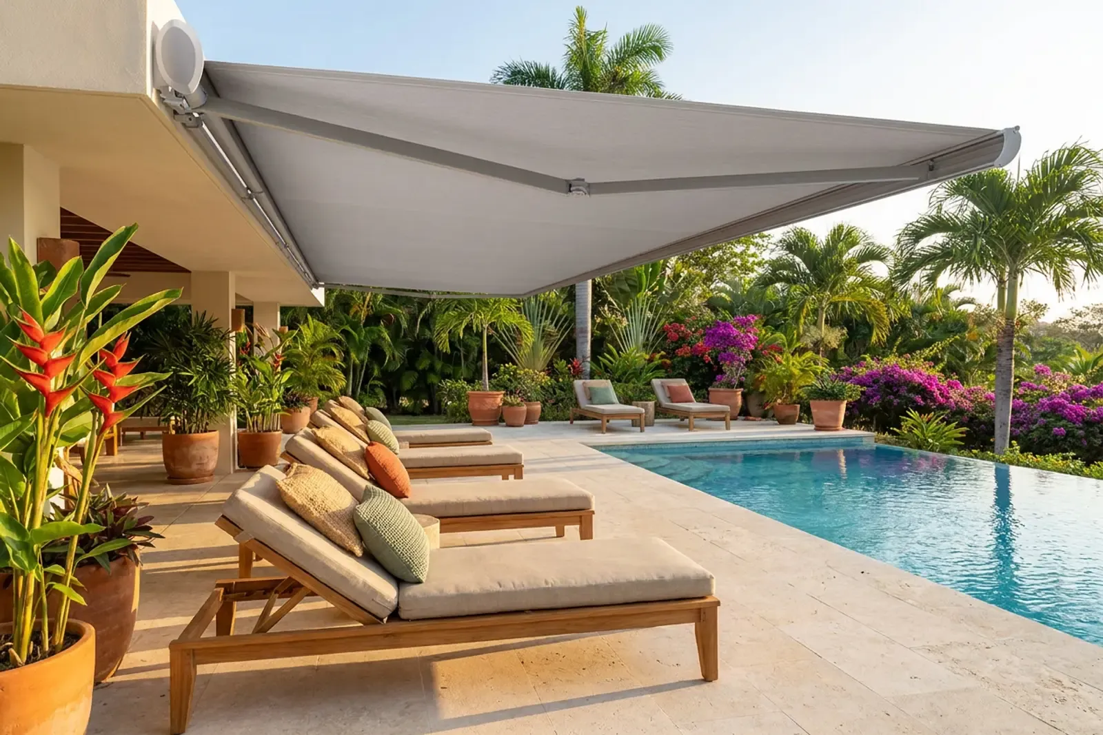 Toldo de brazo extensible sobre una piscina, con tumbonas de teca, cojines de lino y vegetación tropical alrededor.