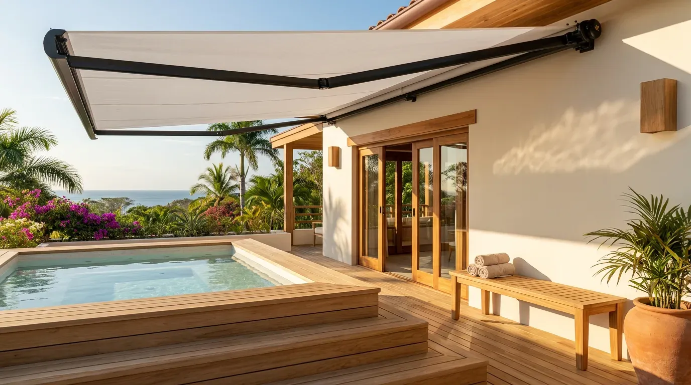 Toldo de brazo extensible sobre una terraza con jacuzzi de borde de teca, banqueta con toallas de lino y vista al mar.