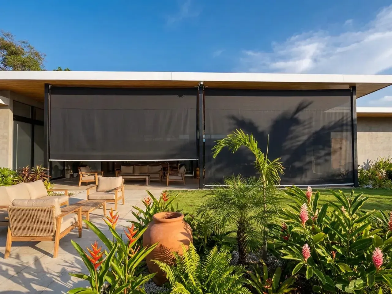 Dos paños de cortina de toldo oscura bajados sobre la terraza, vistos desde un jardín tropical con heliconias y palmeras.