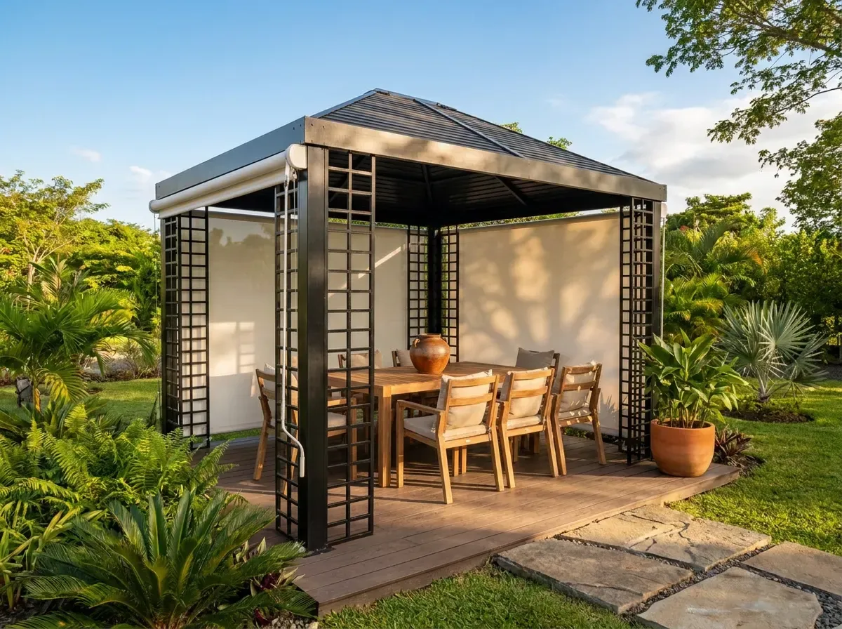 Pérgola metálica con celosías y cortina de toldo blanca bajada en un costado, sobre deck de madera y jardín tropical.