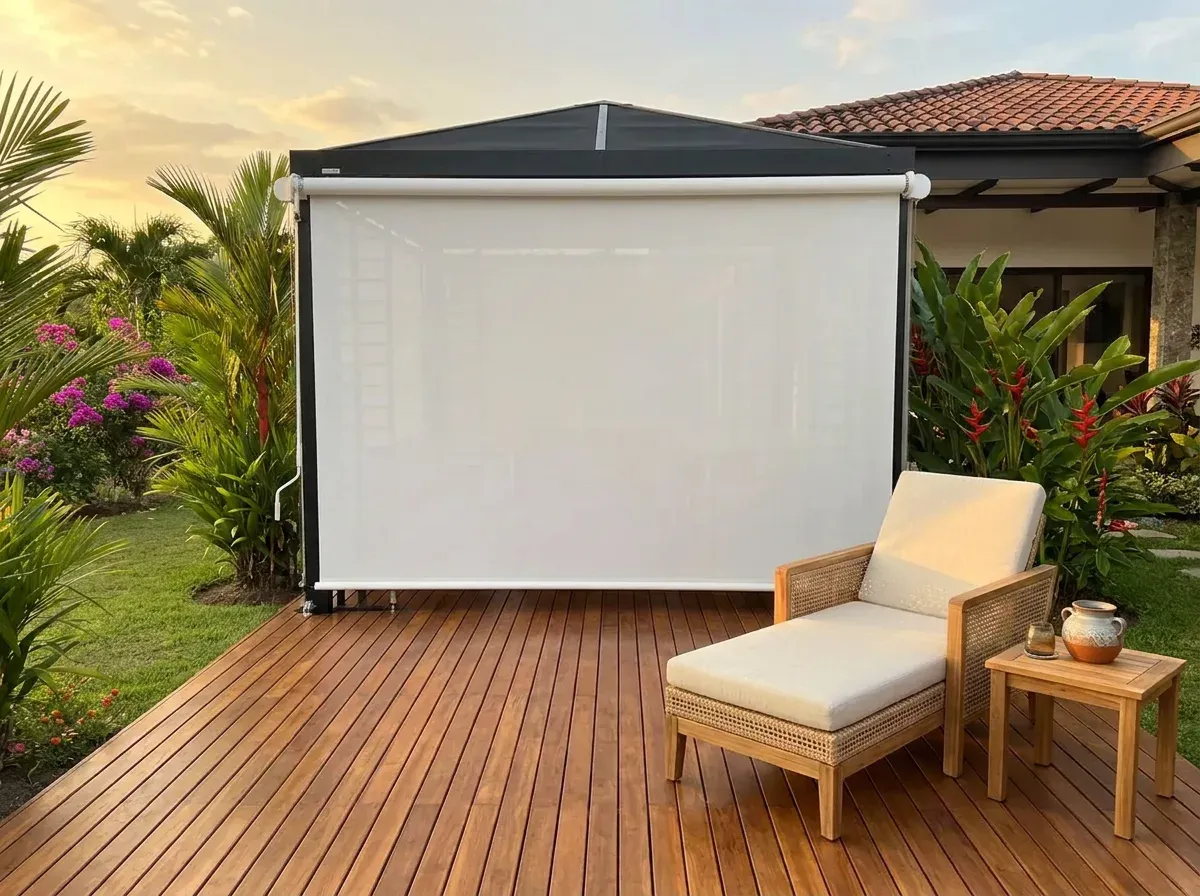 Cortina de toldo blanca bajada sobre un deck de madera, con butaca de fibra natural y jardín tropical al atardecer.