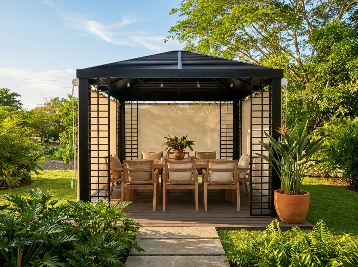 Pérgola metálica con celosías y cortinas de toldo claras, con comedor de teca adentro y jardín tropical alrededor.