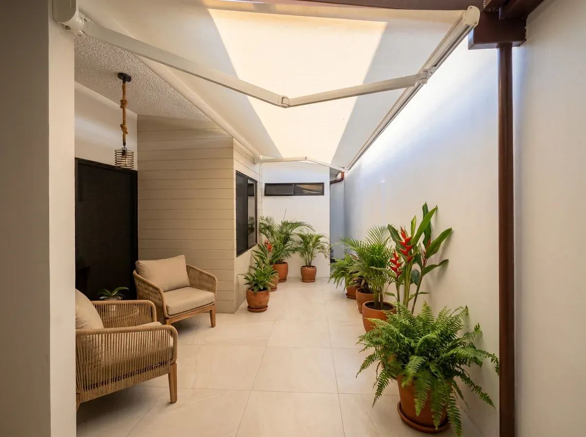 Pasillo lateral cubierto por un toldo extendido, con butacas de fibra natural y vegetación tropical en macetas de barro.