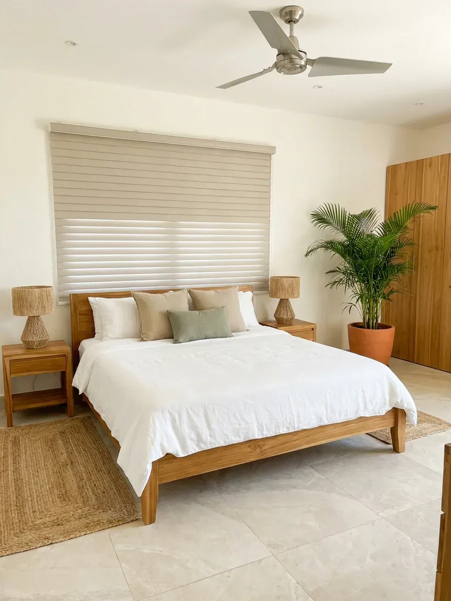 Dormitorio con Triple Shade claro cerrado sobre el ventanal corrido, cama de madera clara con ropa de cama de lino y alfombra de fibra natural.
